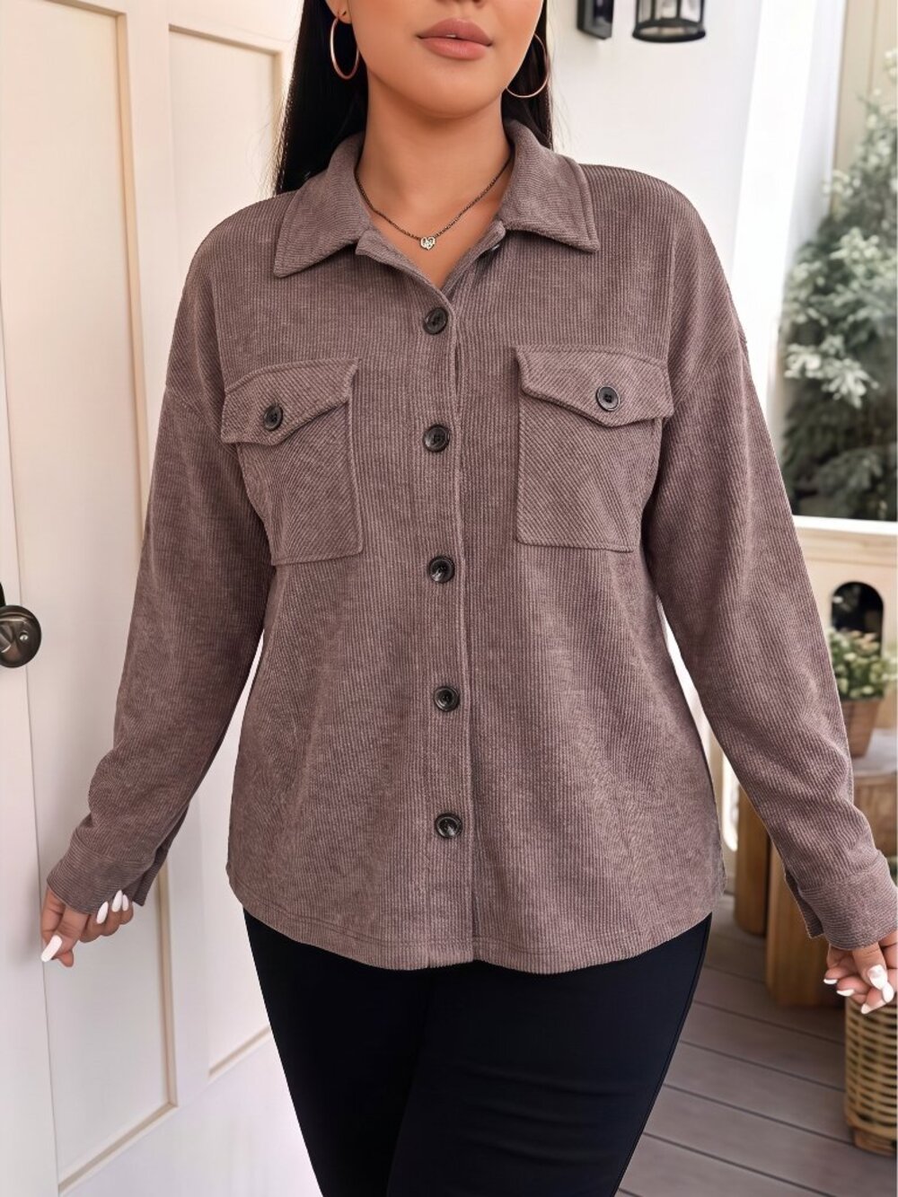 Ces Femme Knit Taupe Button-Front Shacket